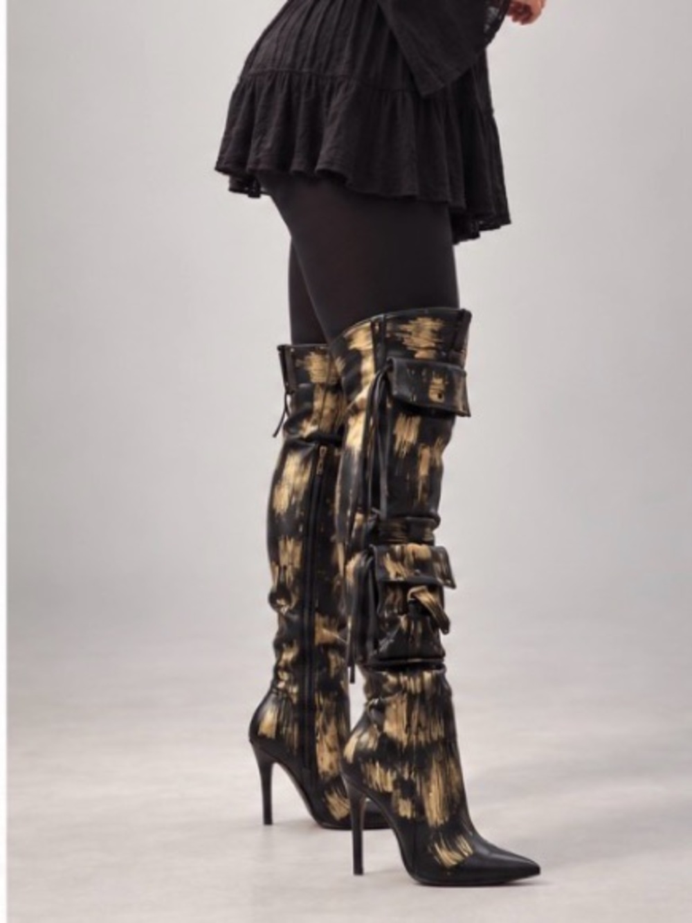 Sexy Black & Gold Buckle Knee-High Stiletto Boots - Picture 3 of 16